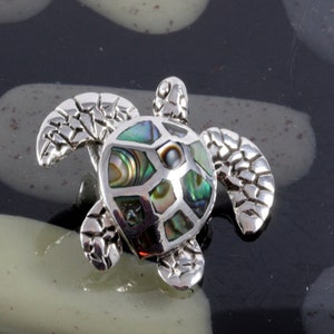Könnte beinhalten: Ein silberner Schildkrötenanhänger mit einer Einlage aus schillerndem Abalone-Muschelmaterial. Die Schale hat grünliche, blaue und braune Farben. Die Flossen und der Kopf haben ein strukturiertes Design. Der Anhänger ist wahrscheinlich ein Schmuckstück.