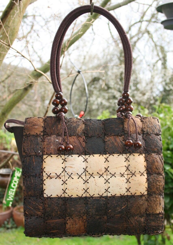 Sac à Main Vintage Unique En Noix De Coco - Fait Main Pérou - Motif Hiboux, Lune, étoiles - Occasion
