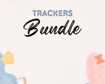 May include: A digital printable tracker bundle with the text "TRACKERS Bundle" in black text on a white background with abstract shapes in pink, blue, and yellow.