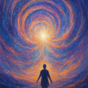 May include: An artistic painting depicts a silhouetted figure standing before a radiant light source. The background features swirling patterns of blue, orange, and purple hues, creating a sense of depth and cosmic energy.