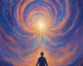 May include: An artistic painting depicts a silhouetted figure standing before a radiant light source. The background features swirling patterns of blue, orange, and purple hues, creating a sense of depth and cosmic energy.
