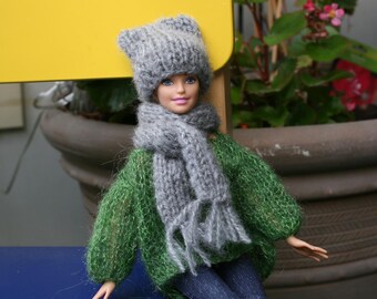 hat with a scarf for 12 inch doll, Doll clother handmade