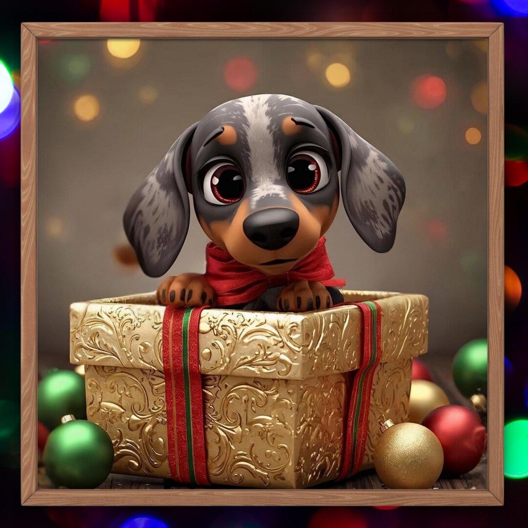 Dappled Dachshund Christmas PNG | Wiener Dog in Gift Box | Holiday ...