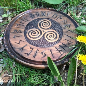 Triskelion altar board in runic circle, Asatru, Druid, runes, celtic, Cernunnos, Witchcraft, witch, paganism, heathen, occult, seidr, ritual