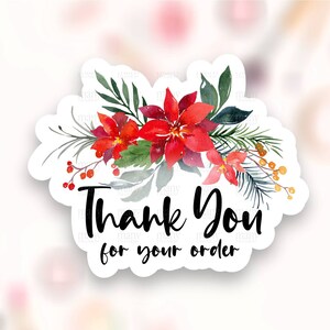 Bedankt voor uw bestelling Sticker PNG, Kerstmis Rode Poinsettia Small Business Label, Winter Shop Pakket Zeehonden, Download Cricut Avery SVG