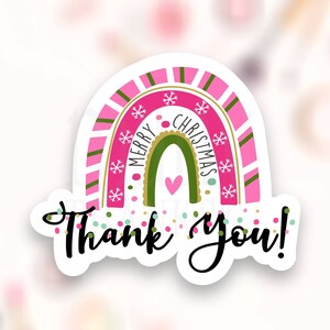Merci Autocollant PNG, Boho Pink Merry Christmas Rainbow Small Business Label, Cute Shop Package Seals, Télécharger Cricut Silhouette Avery SVG