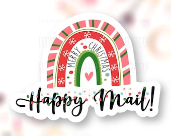 Merry Christmas Happy Mail PNG, Boho Christmas Rainbow Labels for Small Business, Cute Shop Stickers, Envelope Seals, Download Cricut Avery