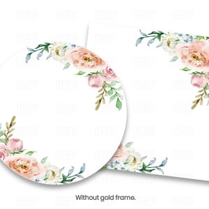 May include: Two watercolor floral designs, one a circle with a floral border and the other a rectangle with a floral corner. Both designs feature pink, white, and blue flowers with green leaves.