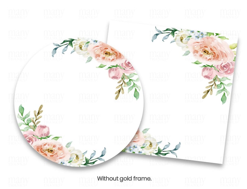 May include: Two watercolor floral designs, one a circle with a floral border and the other a rectangle with a floral corner. Both designs feature pink, white, and blue flowers with green leaves.
