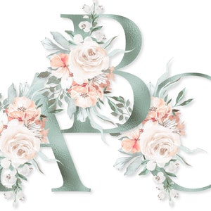Aqua Blau Blumen Alphabet Set PNG Download, Monogramm Buchstaben, Creme Pfirsich Aquarell Blumen für Print on Demand Shirts, Becher, Becher, Tasche