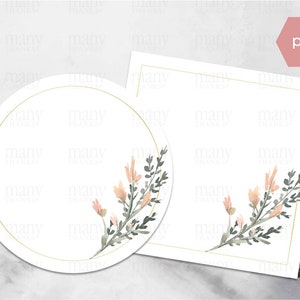 Blush Simples, Círculo de Borda de Folhagem e Flor + PNG Quadrado, Com / Sem Moldura Dourada, Branco para Etiquetas, Adesivos, Tags, Cartões de Notas Digitais