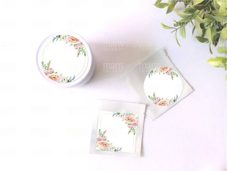 May include: Two round stickers with a floral design and a blank circle in the center. The stickers are on a white background. There is also a square sticker with a floral design in the corner and a blank rectangle in the center.