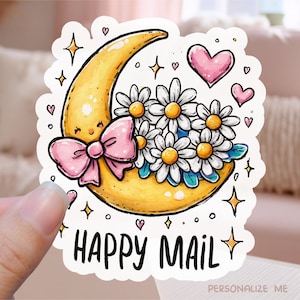 Happy Mail Small Business Druckbare Aufkleber PNG, niedliches Blumenmond-Shop-Paket-Etikett, rosa Schleifen-Gänseblümchen Gekritzel Boho Cricut Druck-Schnitt-Vorlage