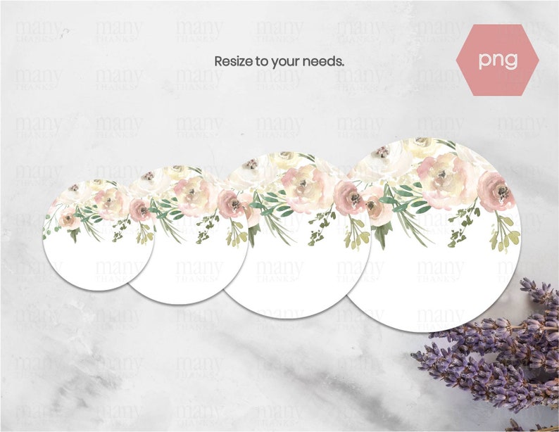 May include: Three round, white, printable labels with a watercolour floral design featuring pink and white flowers and green leaves. The labels are different sizes and can be resized to fit your needs.