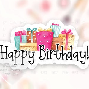 Gelukkige verjaardag Sticker PNG, cute roze presenteert kleine zakelijke labels, HBD shop pakket zegels, Cricut Avery silhouet print cut download SVG