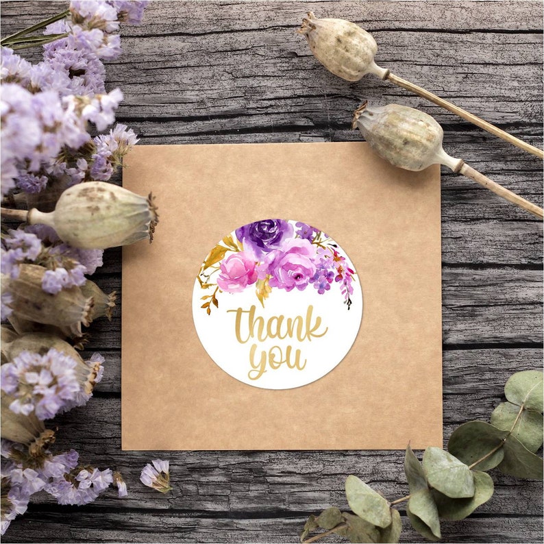 Thank You PNG Circle Purple Lilac Florals Sticker Gold Text | Etsy