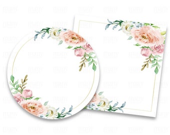 Peony Floral Border, Blank PNG, With + Without Gold Hoop, Add Your Own Text. Circles + Squares for Stickers, Gift Tags, Labels, Favors SVG