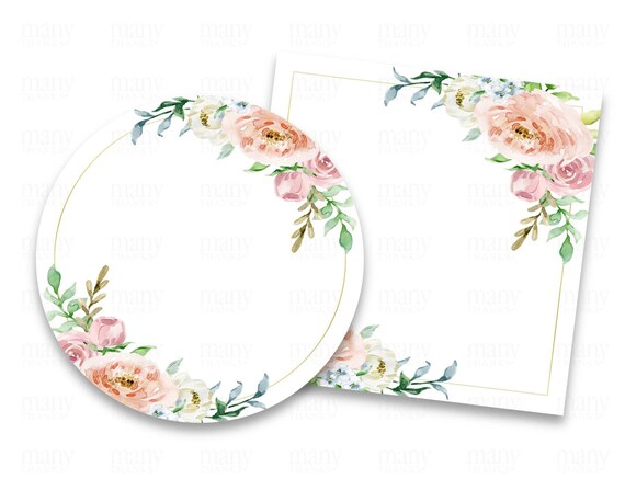 Peony Floral Border, Blank PNG, With + Without Gold Hoop, Add Your Own Text. Circles + Squares for Stickers, Gift Tags, Labels, Favors SVG