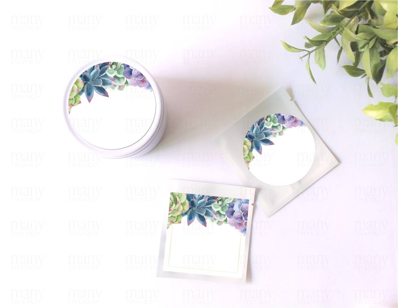 May include: Three round labels with a watercolor design of succulents in shades of green, blue, and purple. The labels are blank and ready to be personalized.