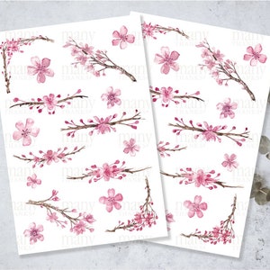 Flores de cerejeira, bordas florais Sakura, download para impressão PNG, diário, adesivos de planejador, Bujo, Papercraft, Scrapbooking, arquivo Cricut Cut