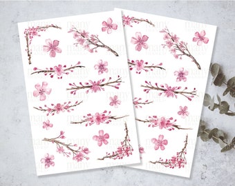 Può includere: Due fogli di carta bianca con illustrazioni di rami di ciliegio in fiore rosa ad acquerello. Le illustrazioni sono di varie dimensioni e sono disposte in una griglia.