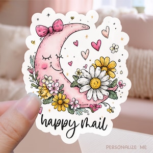 Autocollant imprimable Happy Mail petite entreprise PNG, étiquette de paquet de boutique lune florale rose mignon, modèle de coupe impression Cricut Boho céleste Doodle