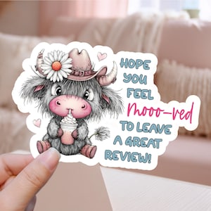 Cute Leave a Review Small Business Printable Sticker PNG, Funny Cartoon Western Highland Cow Pun Print Cut Shop Marketing Label Template