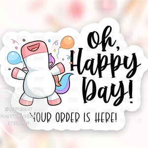 Su pedido está aquí Pegatina PNG, Pequeña Empresa Happy Mail Etiquetas, Lindo Unicornio Danzante Gracias Sellos de Paquete, Cricut Avery Descargar SVG