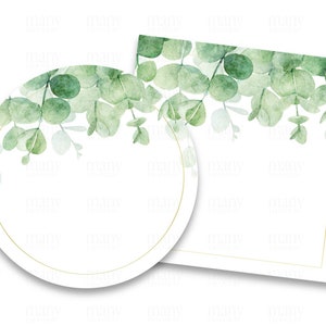 Círculo de etiquetas en blanco + cuadrado, marco verde de la hoja de eucalipto para las pegatinas de agradecimiento, etiquetas de regalo, etiquetas de negocios y direcciones, Avery Cricut