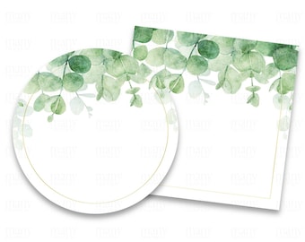 Blank Labels Circle + Square, Green Eucalyptus Leaf Drop Frame for Thank You Stickers, Gift Tags, Business and Address Labels, Avery Cricut