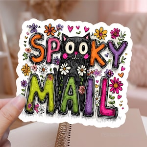 Spooky Mail afdrukbare sticker png, schattige Halloween zwarte kat tuin bloemen woordspeling kleine bedrijven print gesneden winkel marketing Cricut labelsjabloon