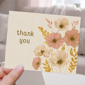 Merci Boho imprimable carte PDF, minimes feuilles d'or rose paquet boutique moderne insertion de carte postale modèle d'insertion, carte de note personnelle en téléchargement numérique