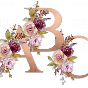 Bloemen alfabet + cijfers set, herfst koper letters bourgondische bloem monogram PNG-letters, download stickers, sleutelhangers, shirts, huwelijkscadeaus