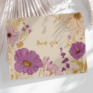 Fliederfarbene Jugendstil Blumen druckbare Dankeskarte, beige-goldene botanische Verpackung, elegante leere Postkartenvorlage zum Herunterladen