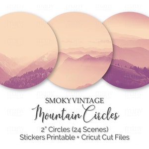 Vintage Mountains 2" Cercles pour autocollants ronds, Collage numérique, Scrapbook, Journaux, Planificateurs, Mood Board, Imprimable + PNG Cricut Cut File