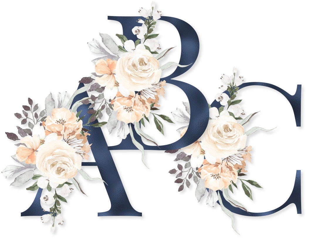 Navy Floral Alphabet Set PNG Download, Blue Monogram Letters Peach ...