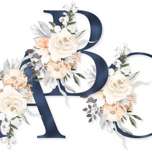 Navy Floral Alphabet Set PNG Download, Blau Monogramm Buchstaben Pfirsich Beige Aquarell Blumen für Print on Demand Shirts, Becher, Becher, Tasche