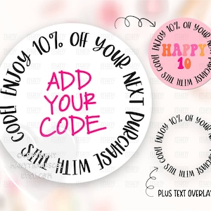 Etiqueta de código de desconto PNG, aproveite 10% de desconto na próxima compra Etiquetas comerciais DIY Circle, etiquetas redondas de pacote de correio feliz, Cricut Avery Baixar SVG