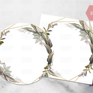 Paarse laurierbladeren, bladrand, cirkel + vierkante PNG, met gouden geometrische frame, blanco voor stickers, tags, labels, kaarten, digitale notities