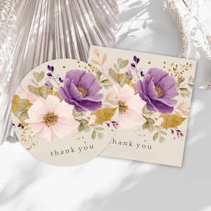 Autocollant PNG imprimable Merci botanique violet, étiquette cadeau Bouquet aquarelle floral bohème rose lilas, emballage rond modèle d'étiquette carrée