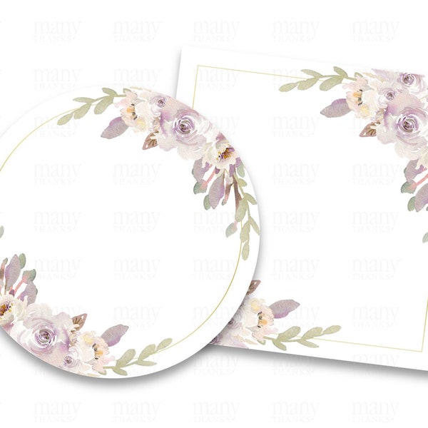 Dusty Lilac Rose Cream Floral Border Circle + Square PNG, With + Without Gold Frame, Blank Add Text for Stickers, Gift Tags, Business Labels