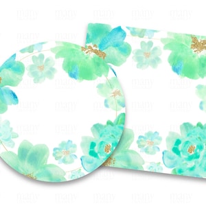 Etiquetas em branco, círculo floral azul água verde menta + quadrado para adesivo redondo de agradecimento, etiqueta para presente de casamento, selo de envelope, Avery Cricut PNG SVG