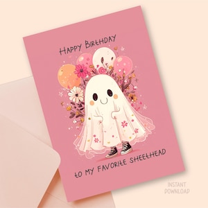 Cartão de felicitações fofo para impressão de feliz aniversário, download digital de celebração de trocadilho engraçado de fantasma de desenho animado, modelo de cartão de carta HBD dos EUA caprichoso