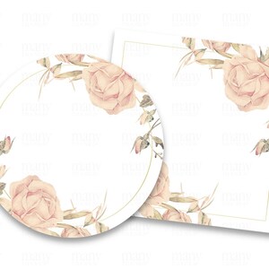 Peach Cream Roses Floral Circle + Square PNG, avec + sans cadre en or, étiquettes vierges pour autocollants ronds, étiquettes cadeaux, notes d’affaires, cricut