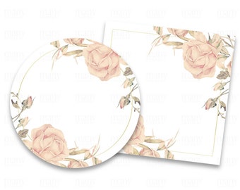 Peach Cream Roses Floral Circle + Square PNG, With + Without Gold Frame, Blank Labels for Round Stickers, Gift Tags, Business Notes, Cricut