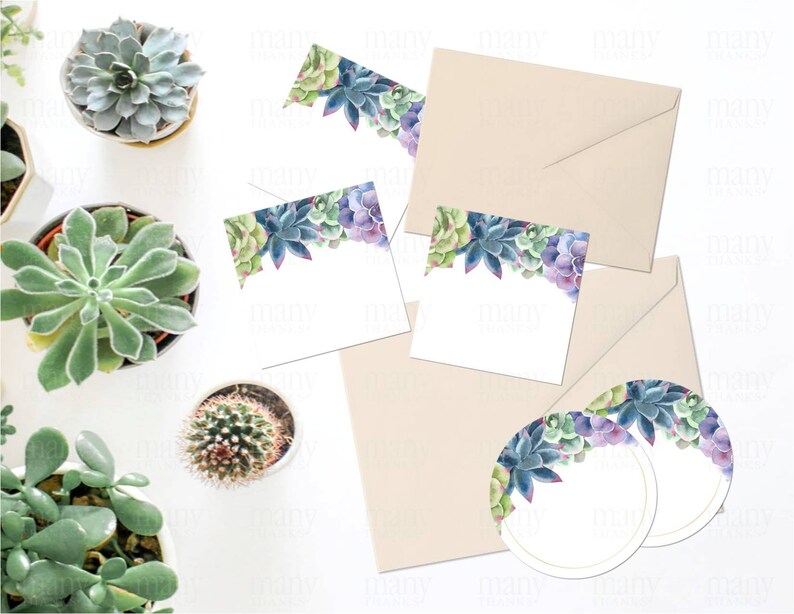 May include: A set of printable succulent themed party decorations, including invitations, place cards, and round labels. The designs feature watercolor illustrations of succulents in shades of green, purple, and blue.