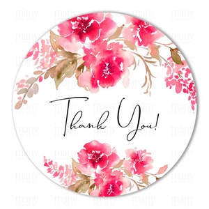 Merci PNG Circle, Pink Magenta Florals, Round Small Business Gift Tags, Autocollants enveloppe de mariage, Avery Package Label, Cricut Print Cut
