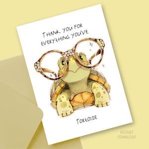 Obrigado Professor Cartão de felicitações para impressão, Trocadilho engraçado de tartaruga para download digital, Óculos de tartaruga fofos Amante de animais Modelo de cartão de carta dos EUA