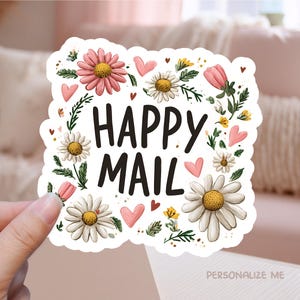 Happy Mail Druckbare Aufkleber, Feminine Gekritzel Buchstaben Gänseblümchen Blumen Hübsches Rosa Kleiner Geschäftsdruck Schnitt Shop Marketing Label Cricut Vorlage