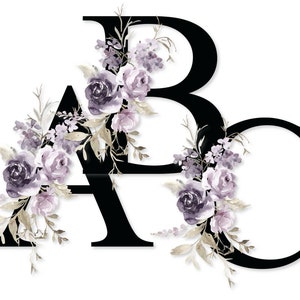 Alfabeto floral + números clipart, lila púrpura flor monograma letras, PNG Descargar sublimación, regalo de transferencia de camisa, tazas de boda, cricut